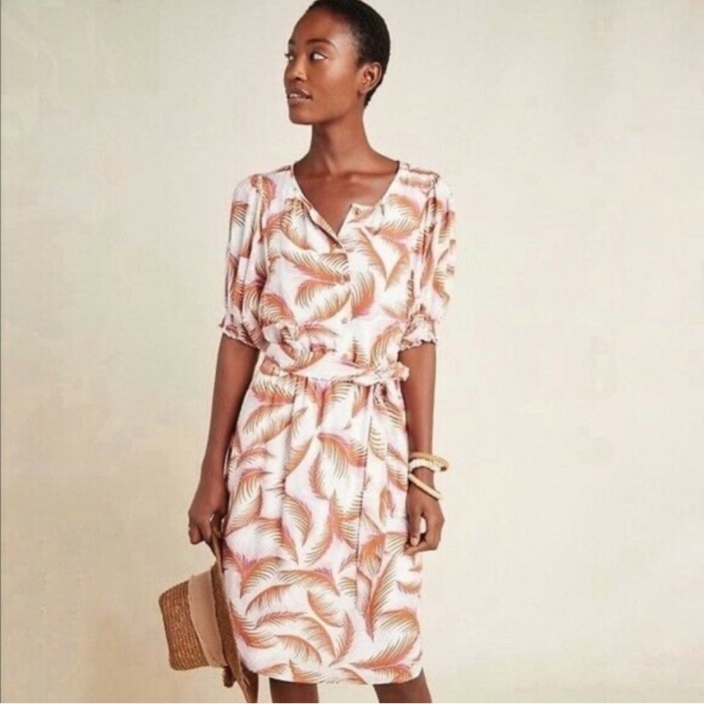 Anthropologie Nicole Puff Sleeve Dress Tropical Print Linen Blend